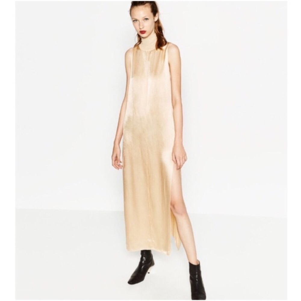 Champagne gold silky maxi with high slit